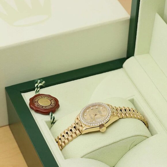 ROLEX LADIES 18K YELLOW GOLD CHAMPAGNE FACTORY DIAMOND PRESIDENT WATCH BOX TAG - Picture 2 of 10
